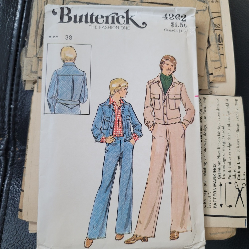 Vintage Butterick 4362 Mens Leisure Suit Sewing Pattern Jacket Flared Pants 38